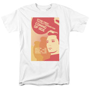 White tee with retro poster of a woman in a red uniform, titled 'Star Trek: The Next Generation' 'Coming of Age'