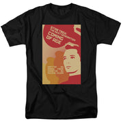 Black tee with retro red poster art of a woman, printed 'STAR TREK: THE NEXT GENERATION' and 'COMING OF AGE'.