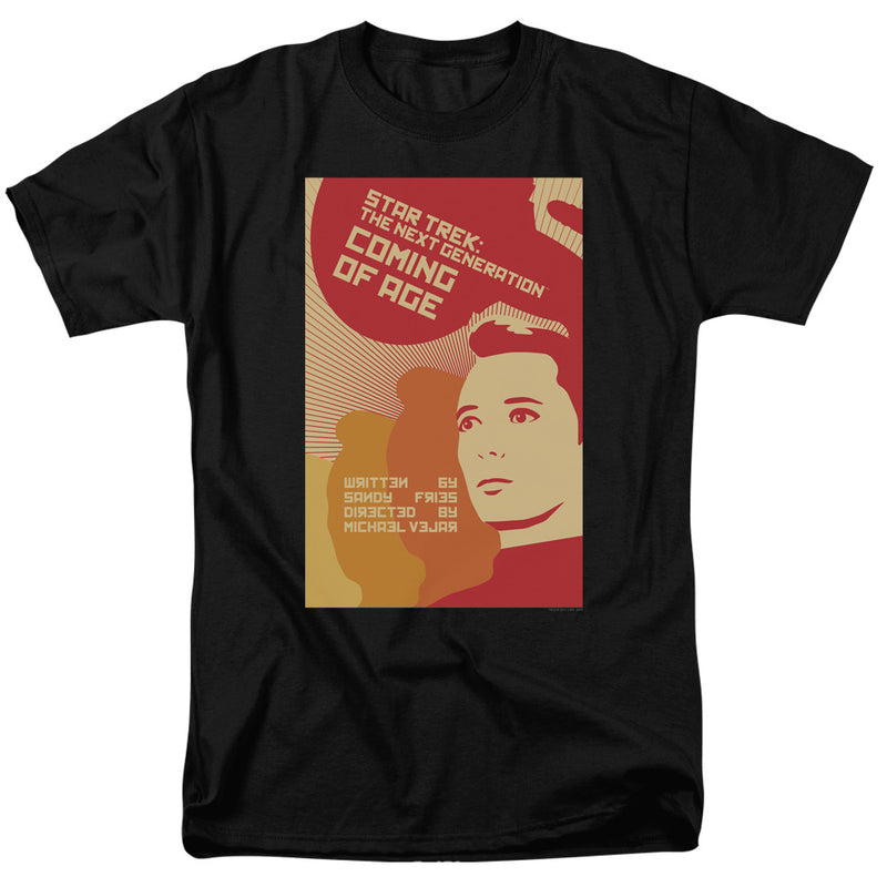 Black tee with retro red poster art of a woman, printed 'STAR TREK: THE NEXT GENERATION' and 'COMING OF AGE'.