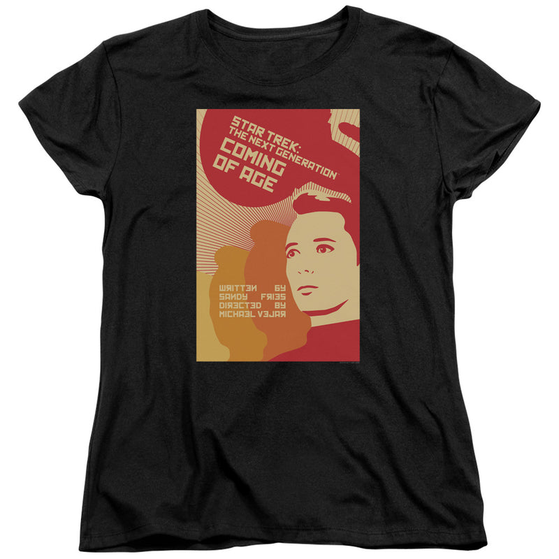 Black women's tee with red and tan retro poster: 'Star Trek: The Next Generation' 'Coming of Age' and a woman's face