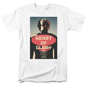White tee with Star Trek poster print of a dark silhouette and red oval reading 'HEART OF GLORY'