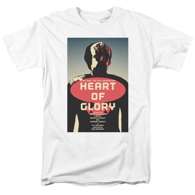 White tee with Star Trek poster print of a dark silhouette and red oval reading 'HEART OF GLORY'