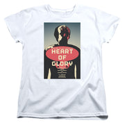 White women's t-shirt with a poster print of a dark silhouetted figure, 'HEART OF GLORY' on a red oval, and 'STAR TREK: THE NEXT GENERATION' above.