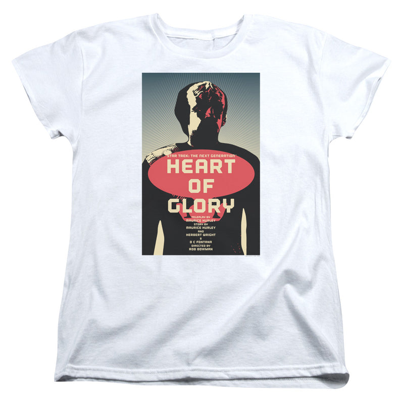 White women's t-shirt with a poster print of a dark silhouetted figure, 'HEART OF GLORY' on a red oval, and 'STAR TREK: THE NEXT GENERATION' above.