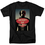 Black tee with a Star Trek TNG poster: cream 'HEART OF GLORY' title on a red oval over a dark bald figure silhouette.