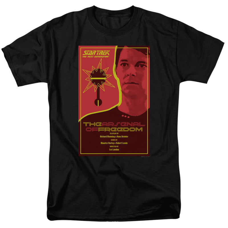 Black t-shirt with red Star Trek: The Next Generation poster art showing a man's face and 'The Arsenal of Freedom' title.