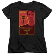 Black women's t-shirt with red 'Star Trek The Next Generation' poster showing a man's face and 'The Arsenal of Freedom' title