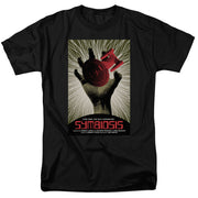 Black t-shirt with poster of a hand holding a red starship and saucer, radiating lines, titled 'SYMBIOSIS'.