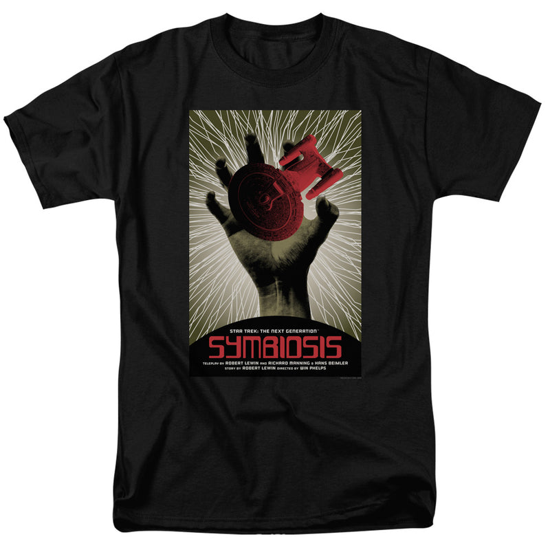 Black t-shirt with poster of a hand holding a red starship and saucer, radiating lines, titled 'SYMBIOSIS'.