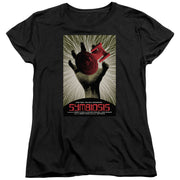 Women's fitted black Star Trek: The Next Generation Symbiosis t-shirt featuring the poster design with the text 'SYMBIOSIS' in red below it.