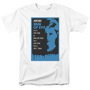 White t-shirt featuring a Star Trek: The Next Generation 'Skin of Evil' episode poster with the text 'Skin of Evil' in blue.