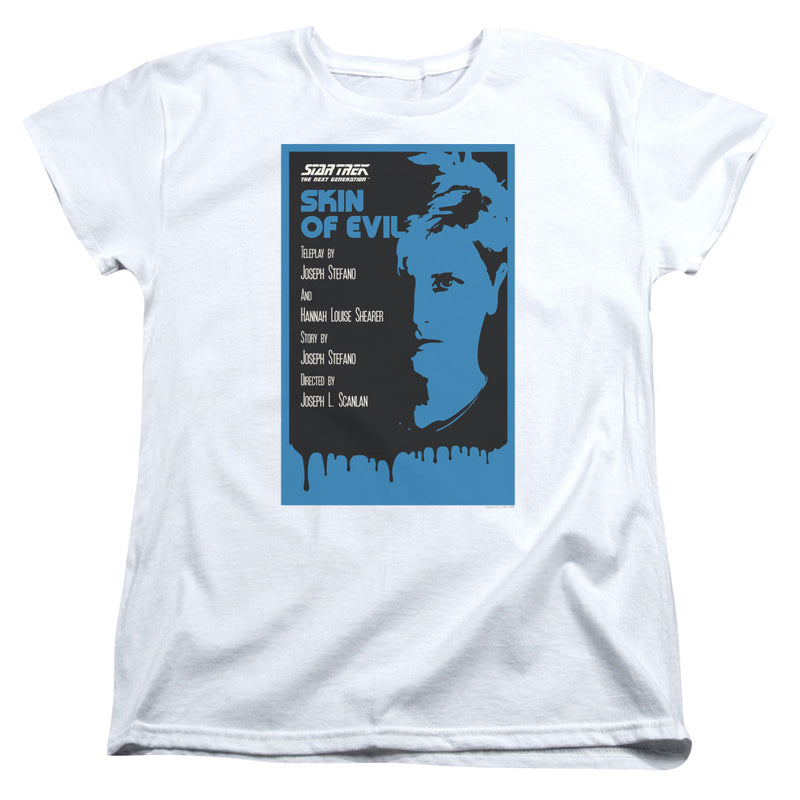White women's tee with blue and black 'Skin of Evil' Star Trek: The Next Generation episode poster graphic