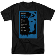 Black t-shirt with blue 'Skin of Evil' Star Trek: The Next Generation poster graphic showing a man's face