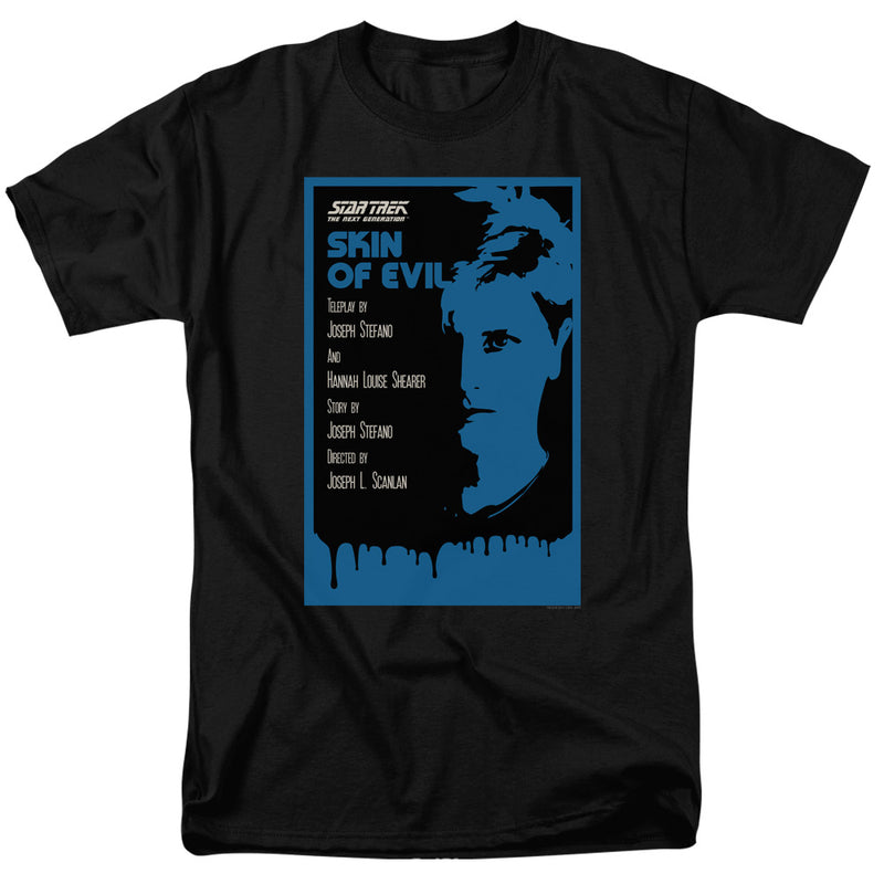 Black t-shirt with blue 'Skin of Evil' Star Trek: The Next Generation poster graphic showing a man's face