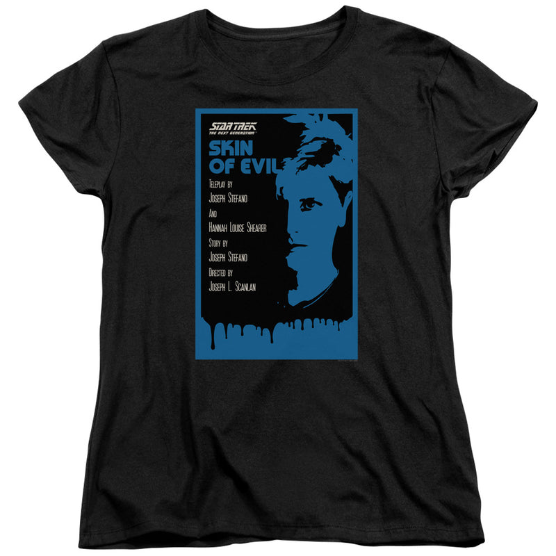 Women's fitted black t-shirt with the same blue 'Skin of Evil' Star Trek poster design.