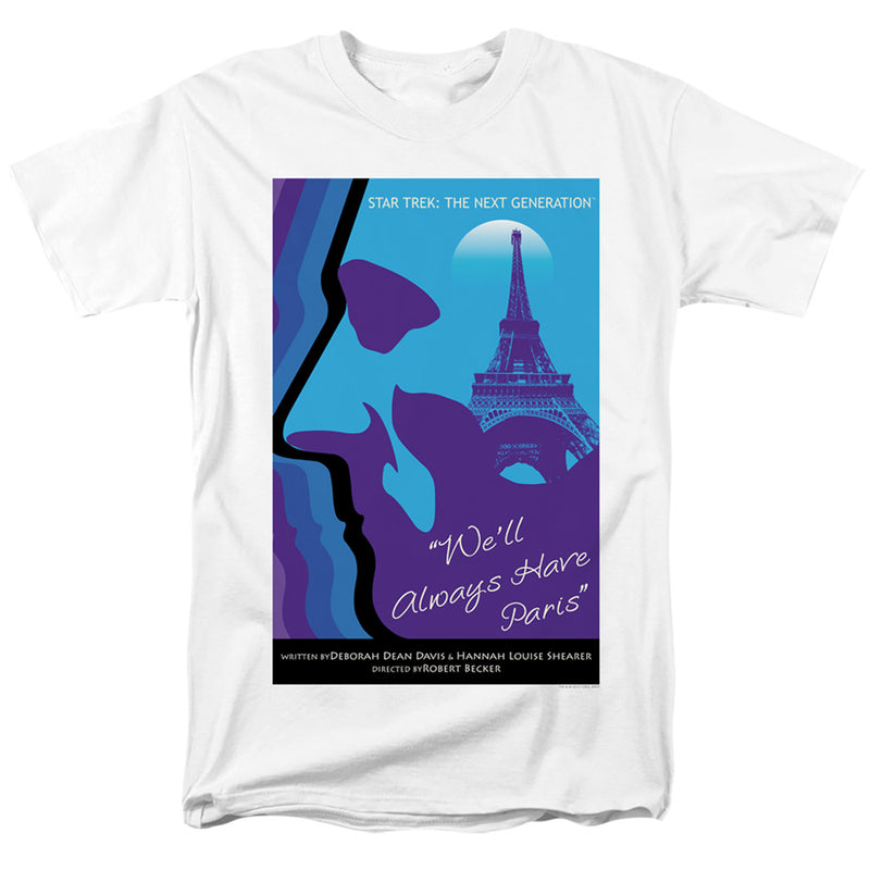 White tee with a purple and blue poster of a face silhouette and Eiffel Tower, reading 'We'll Always Have Paris'