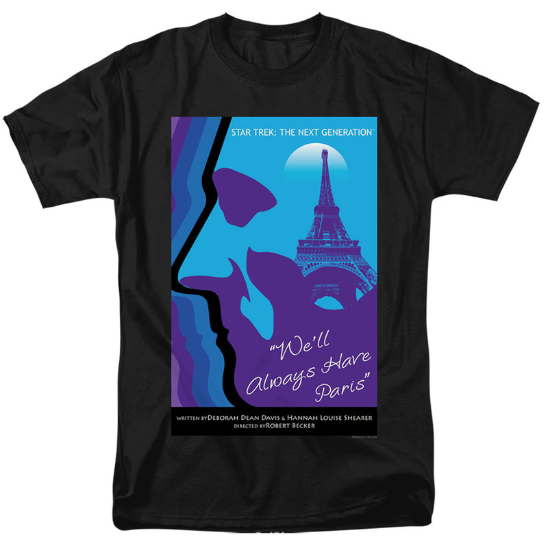Black short-sleeved t-shirt featuring a Star Trek: The Next Generation poster with the text 'We'll Always Have Paris' in white script.