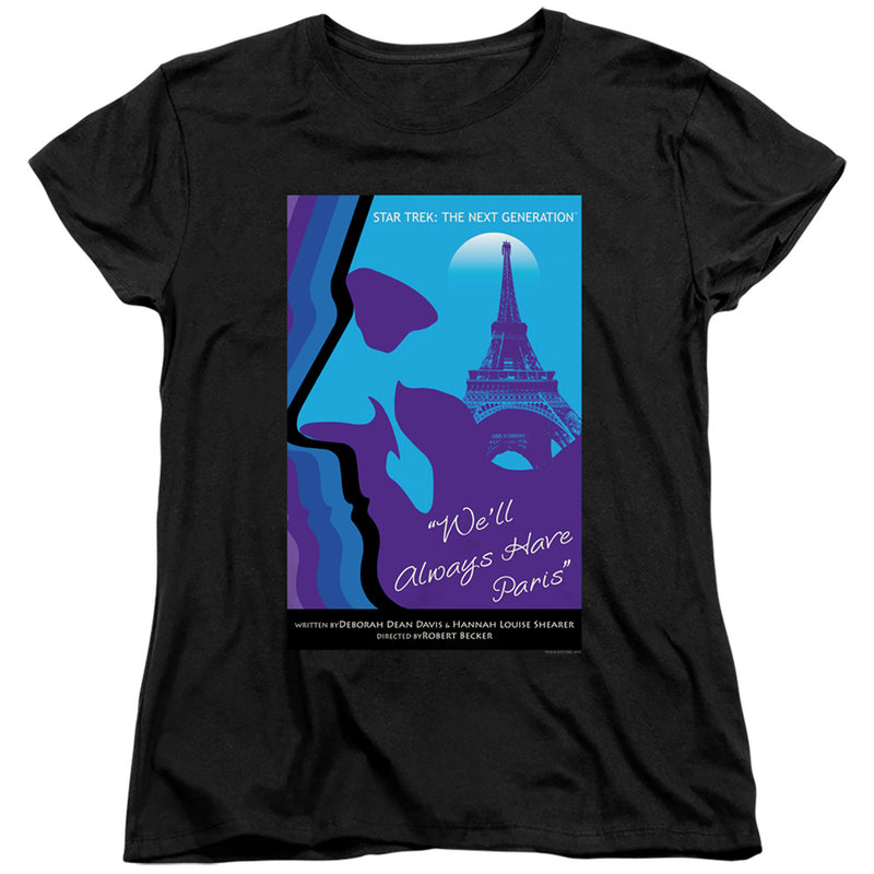 Black women's tee with 'Star Trek: The Next Generation' poster of profile silhouette, Eiffel Tower, 'We'll Always Have Paris'