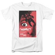 White tee with red 'Conspiracy' episode poster: staring eye and dark clawed creature, 'Star Trek The Next Generation' logo
