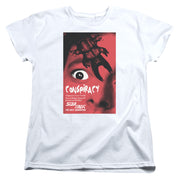 Women's-cut white t-shirt featuring the same red Conspiracy poster with a wide eye and clawed creature above the text 'Conspiracy'.