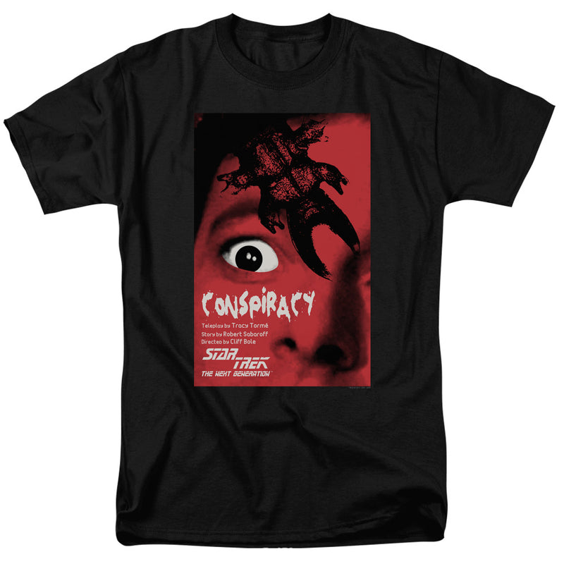 Black short-sleeved t-shirt featuring a red Star Trek: The Next Generation 'Conspiracy' poster with the text 'Conspiracy' in white above the credits.