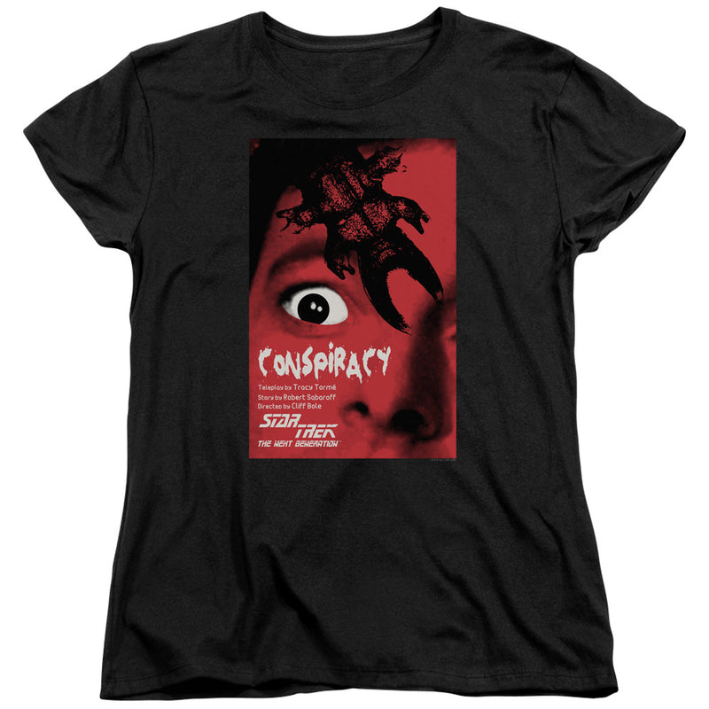 Black women's t-shirt with red 'Conspiracy' Star Trek: The Next Generation poster showing an eye and dark creature claw