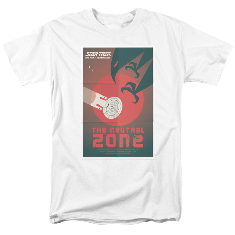 White short-sleeved t-shirt featuring a retro Star Trek The Next Generation poster with the text 'The Neutral Zone' in red.