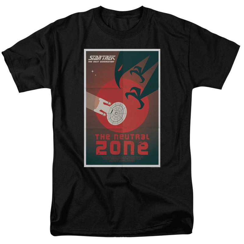 Black short-sleeved t-shirt featuring a retro The Neutral Zone poster with a starship and red circle, with the text 'The Neutral Zone' in red.