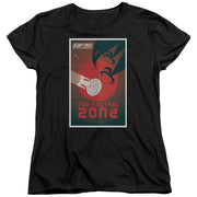 Women's fitted black t-shirt with the same The Neutral Zone poster design, featuring the text 'The Neutral Zone' in red.
