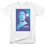 White t-shirt with a blue and purple poster graphic of a woman's face beside a bright starburst, titled 'THE CHILD'
