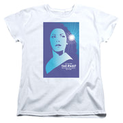 White women's tee with blue and purple poster of a woman's profile gazing upward, printed text 'THE CHILD'