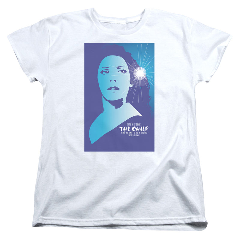 White women's tee with blue and purple poster of a woman's profile gazing upward, printed text 'THE CHILD'