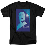 Black crew-neck t-shirt with a blue poster print of a woman's face in profile beside a glowing light, titled 'THE CHILD'.