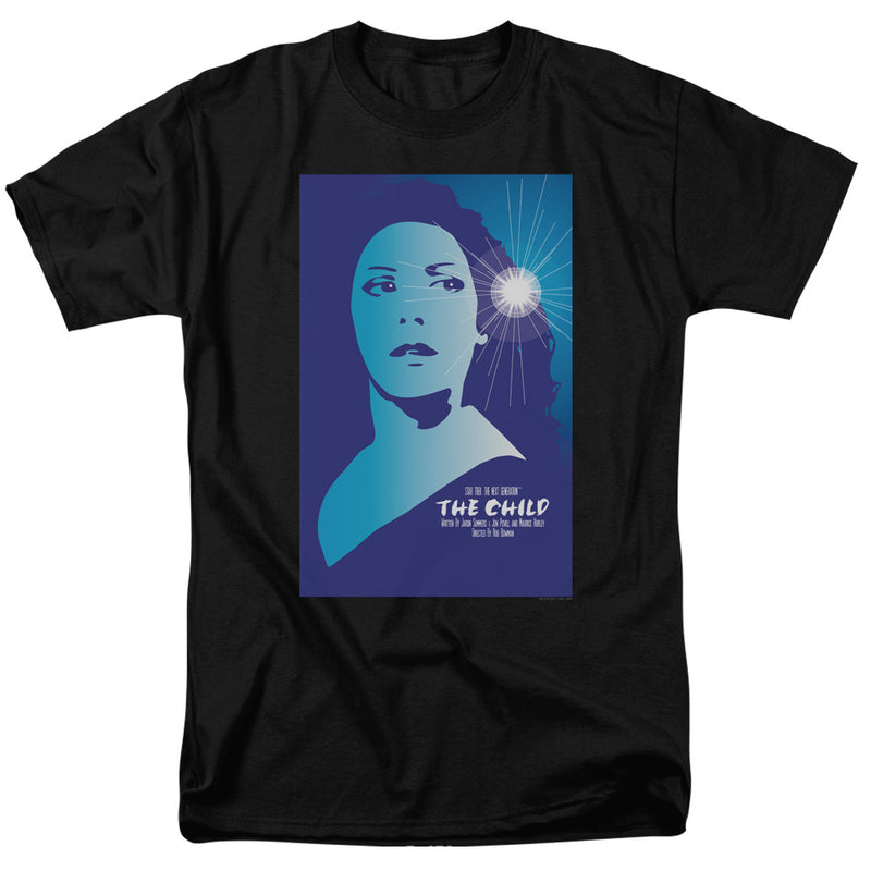 Black crew-neck t-shirt with a blue poster print of a woman's face in profile beside a glowing light, titled 'THE CHILD'.