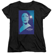 Women's fitted cut of the black Star Trek The Next Generation t-shirt, showing the same blue 'The Child' poster graphic with white text.