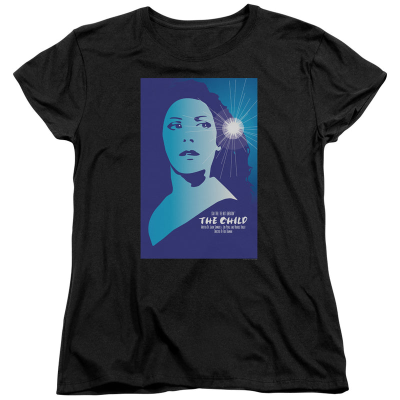 Women's fitted cut of the black Star Trek The Next Generation t-shirt, showing the same blue 'The Child' poster graphic with white text.