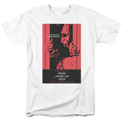 White tee with red and black graphic of a man, text '...Ten seconds to auto-destruct...' and 'Where Silence Has Lease'