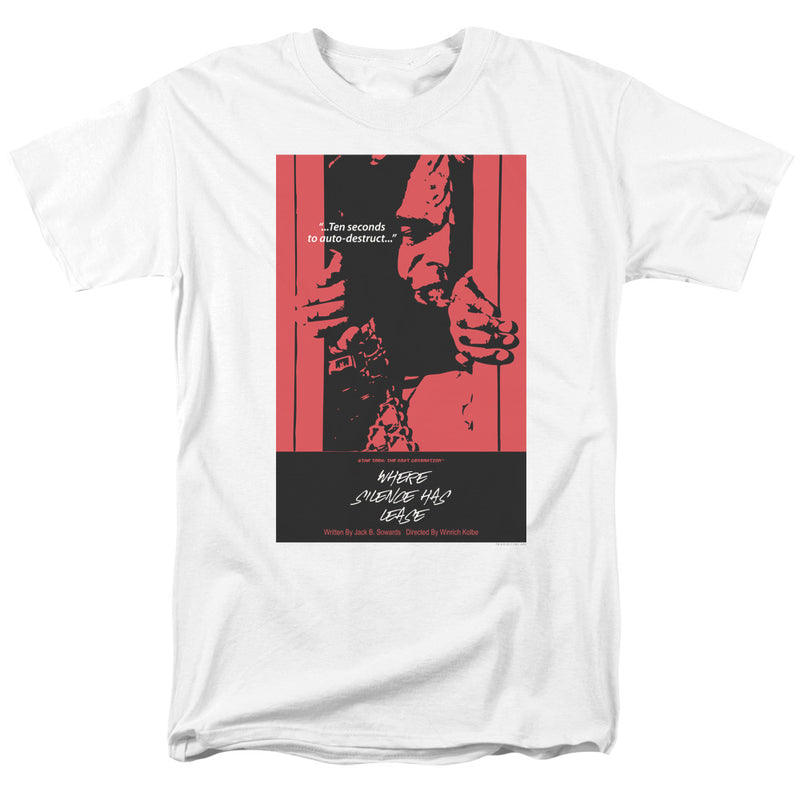 White tee with red and black graphic of a man, text '...Ten seconds to auto-destruct...' and 'Where Silence Has Lease'