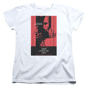 White tee with red and black poster of a man gripping bars, text '...Ten seconds to auto-destruct...' and 'Where Silence Has Lease'