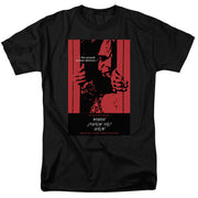 Black tee with red and black poster art of a figure behind bars, reading '...Ten seconds to auto-destruct...'