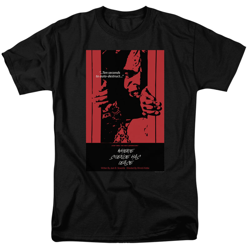 Black tee with red and black poster art of a figure behind bars, reading '...Ten seconds to auto-destruct...'