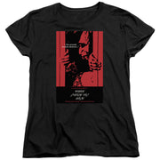 Black women's tee with red and black poster graphic, 'Ten seconds to auto-destruct...' and 'Where Silence Has Lease'
