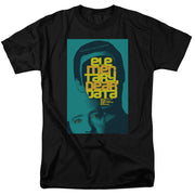 Black t-shirt with teal Star Trek: The Next Generation poster graphic showing faces and yellow text 'elementary, dear data'