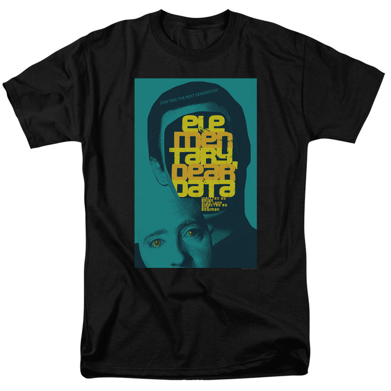 Black t-shirt with teal Star Trek: The Next Generation poster graphic showing faces and yellow text 'elementary, dear data'