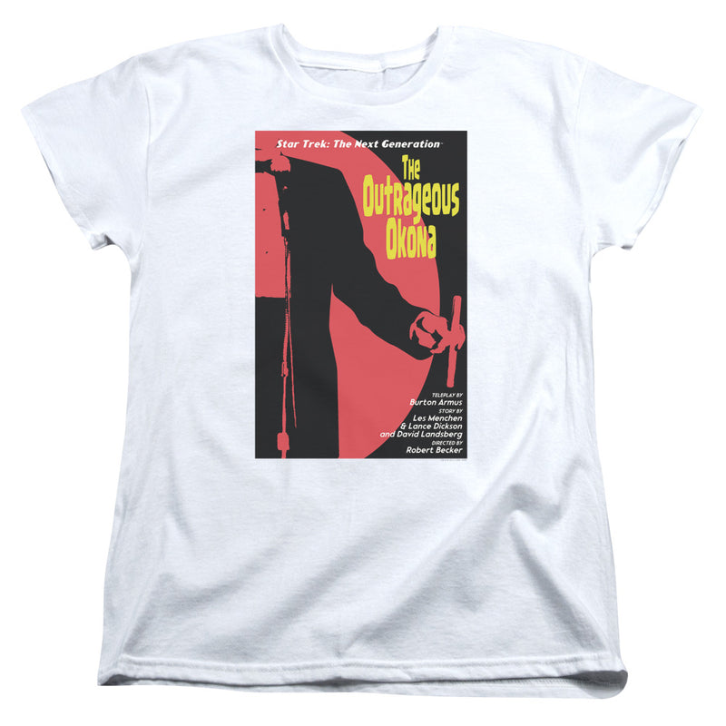 Women's fitted cut of the white Outrageous Okona tee showing the same red-circle silhouette poster design with 'The Outrageous Okona' in yellow.