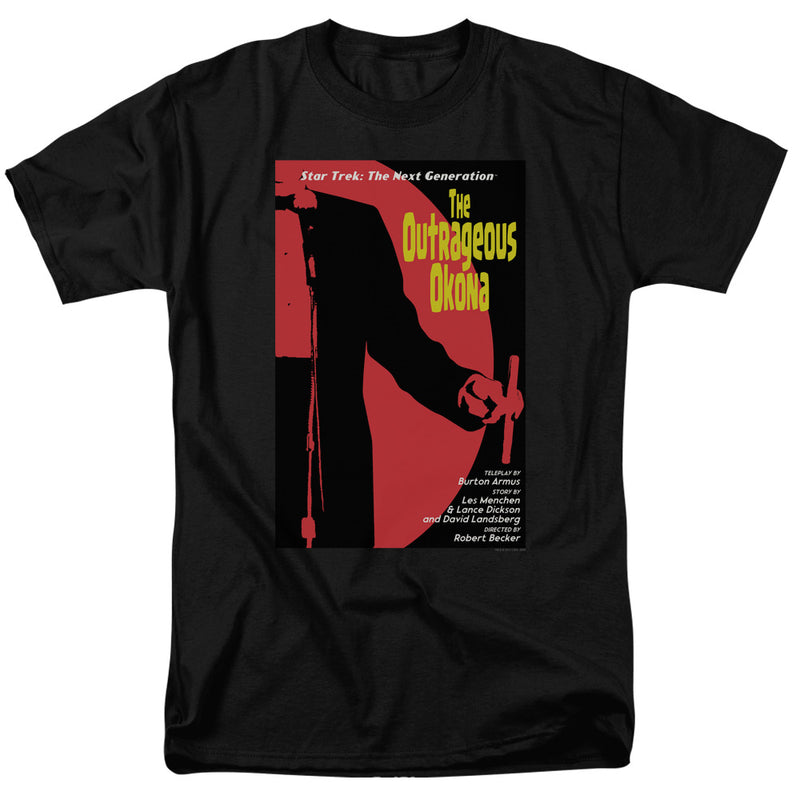 Black tee with 'Star Trek: The Next Generation' and 'The Outrageous Okona' poster, black silhouette on red circle