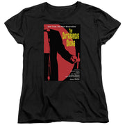 Women's fit version of the black Star Trek t-shirt showing the same Outrageous Okona poster graphic in a tailored cut.