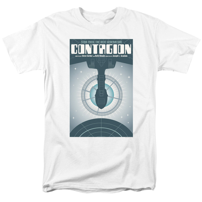 White short-sleeved t-shirt featuring the 'Contagion' poster with a starship over a glowing blue planet.