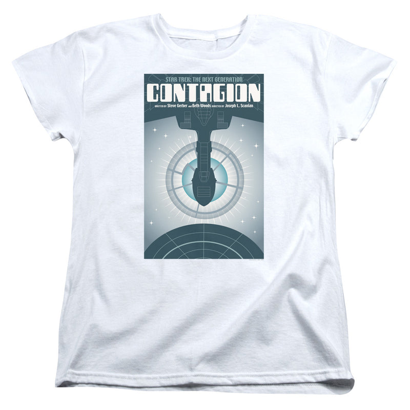 White women's t-shirt with a Star Trek: The Next Generation 'CONTAGION' episode poster print in teal and gray, showing a starship and text credits.