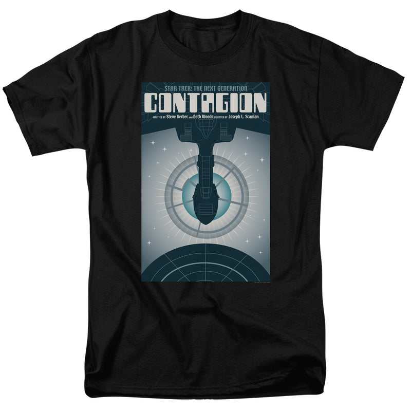 Black short-sleeved t-shirt featuring a starship over a blue planet with the text 'Contagion' in white at the top.